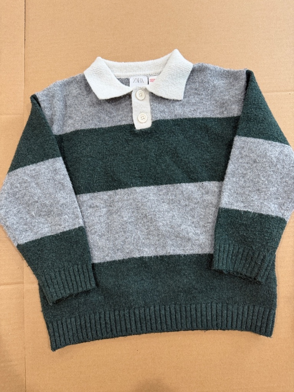 Zara Forest Green & Light Gray Striped Polo Knit Sweater